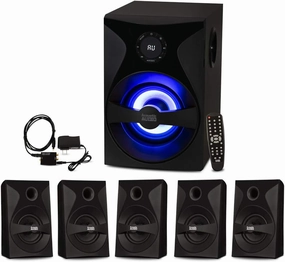 Goldwood Bluetooth 5.1 Surround Sound Home Theater Speaker System with LED Display, FM Tuner, USB/SD Inputs - 6-Piece Set with Remote Control, Black surround sound system,cinema audio kit,5.1 surround package,