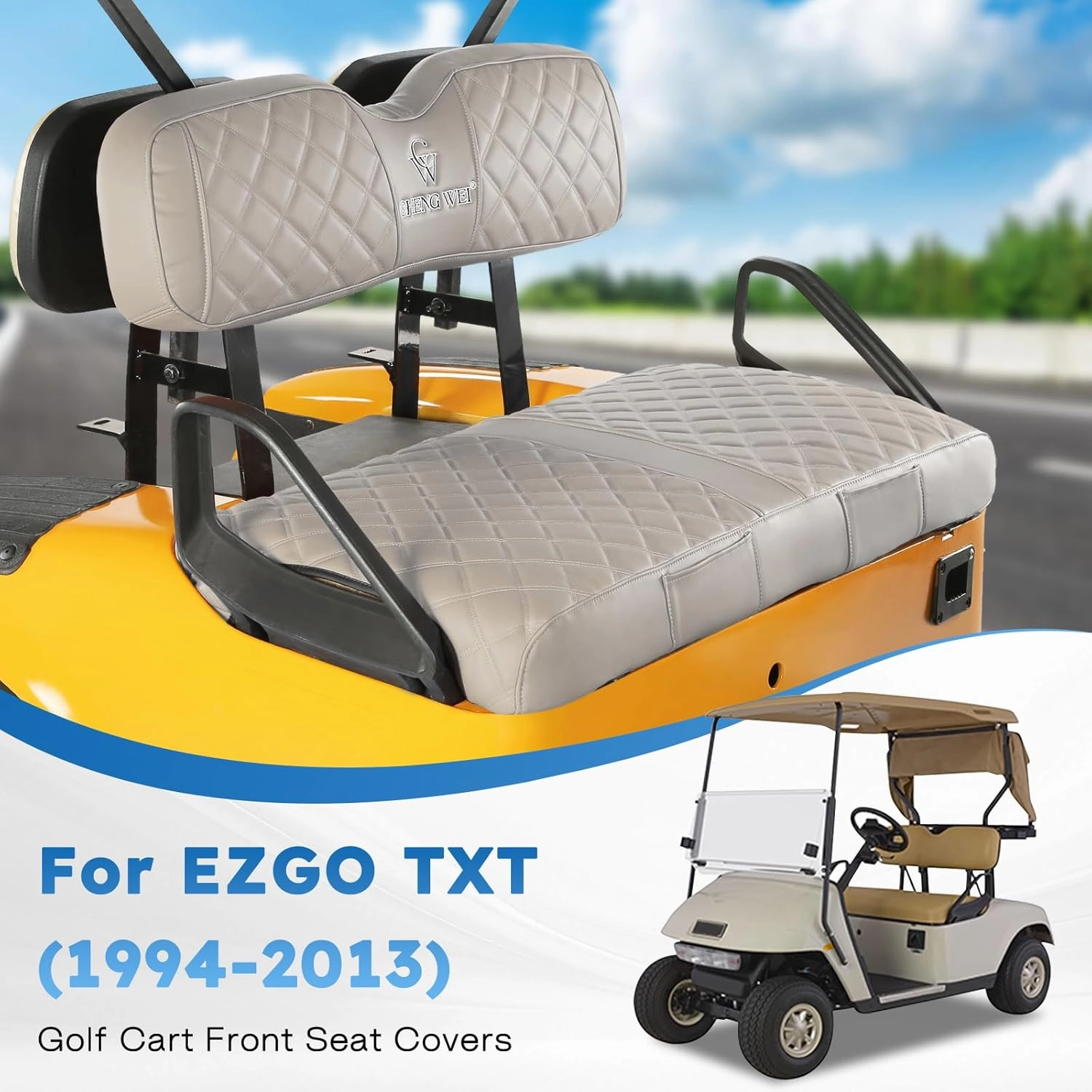 Golf Cart Seat Covers for EZGO TXT 1994-2013 Original Regular Seat Cushion Diamond Pattern Vinyl Leather Seat Cover Durable Breathable Material,No-Staple Installation(Beige)