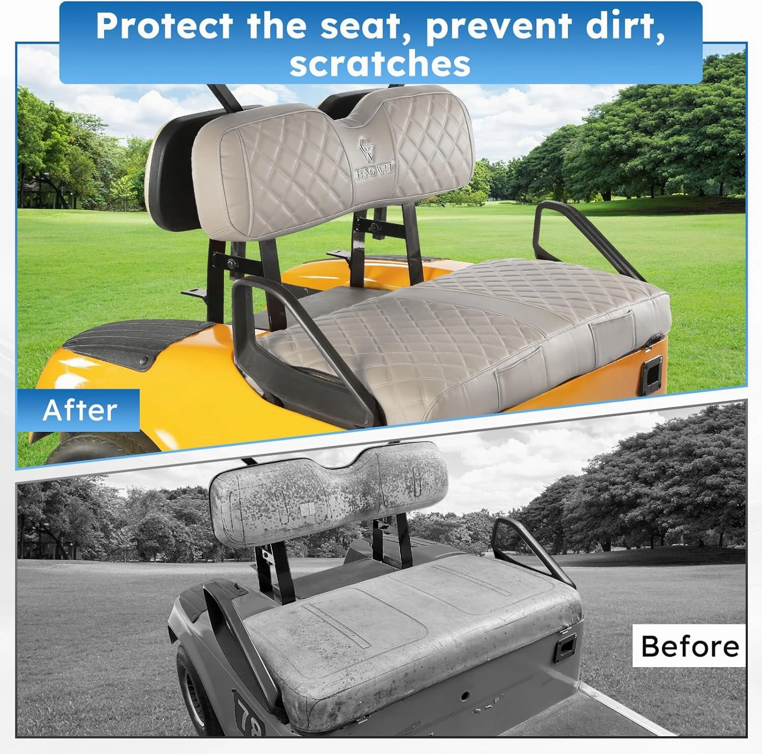 Golf Cart Seat Covers for EZGO TXT 1994-2013 Original Regular Seat Cushion Diamond Pattern Vinyl Leather Seat Cover Durable Breathable Material,No-Staple Installation(Beige)