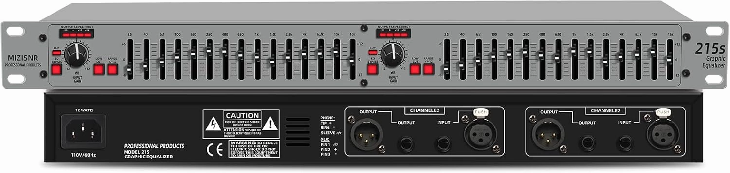 Graphic Equalizer 15-Band Stereo EQ for Home Audio, Dual Channel Professional Silver DJ Equalizer, Noise Reduction 1U Rack Mount (EQ-215S) audio rack,hi-fi component stand,media shelf,