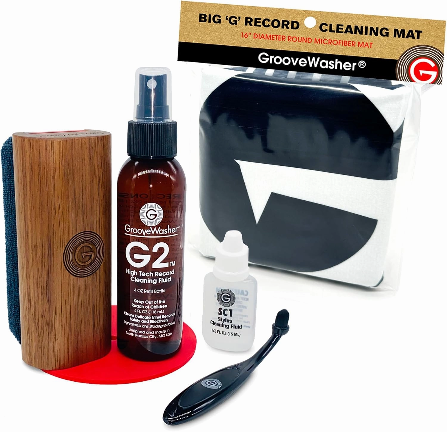 GrooveWasher Hardwood Record Cleaning Kit, SC1 Cleaner & Stylus Brush   Exclusive 'Big G' Mat for Off-Turntable Cleaning & Quick Drying | 7-in-1 Gift Bundle for Vinyl Record Collectors with G2 Fluid record cleaning kit,vinyl cleaner,stylus brush 