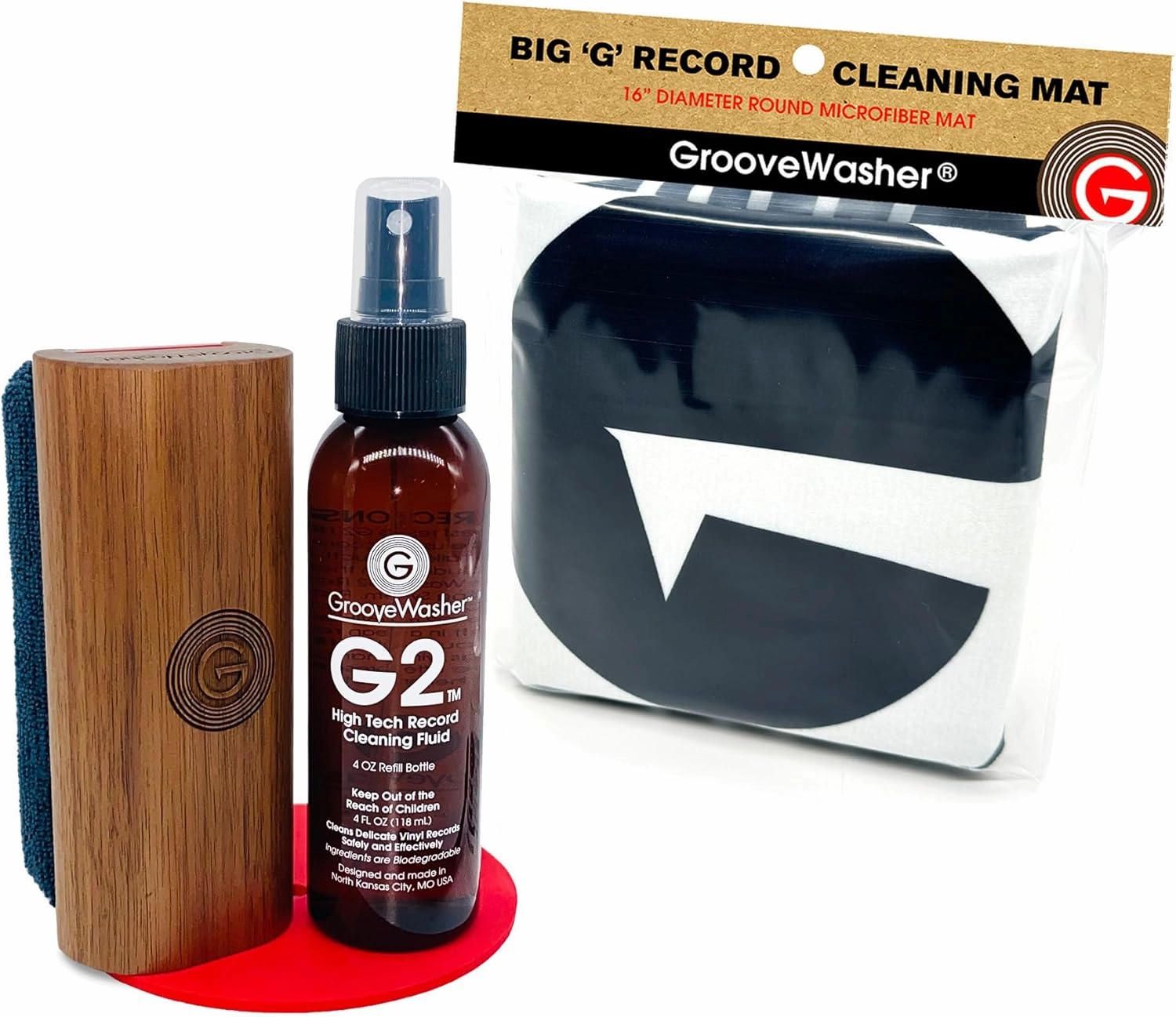 GrooveWasher Hardwood Vinyl Record Cleaning Kit with 'Big G' Record Cleaning Mat | Perfect Record Collectors' Gift Bundle, Essential LP Care System Includes G2 Cleaning Fluid Spray   Bonus record cleaning kit,vinyl cleaner,stylus brush set,