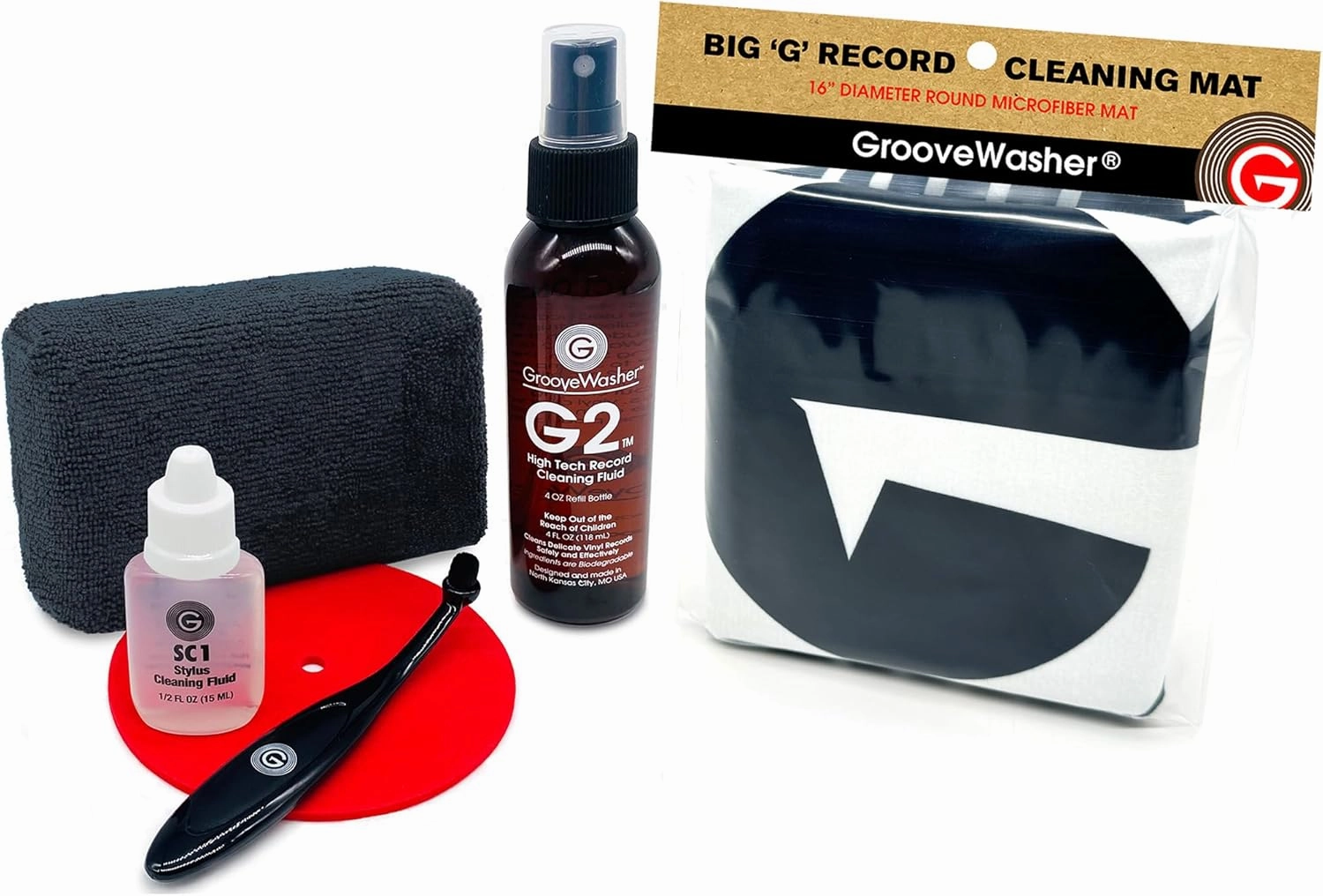 GrooveWasher Record & Stylus Care System - Record Cleaning Kit Includes Vinyl Cleaning Solution   Microfiber Sponge   Stylus Brush for Record Needles & Cleaning Fluid   Exclusive 'Big G' Record Mat record cleaning kit,vinyl cleaner,stylus brush s