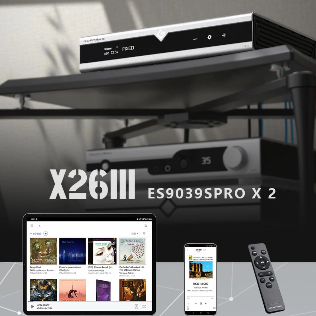 Gustard X26III Network Streamer Full Balanced DAC Preamp with Dual ES9039SPRO for Home System, USB/LAN/Optic/Coaxial/AES/IIS/Clock inputs to RCA/RCA Digital Analog Audio Converter (Black)