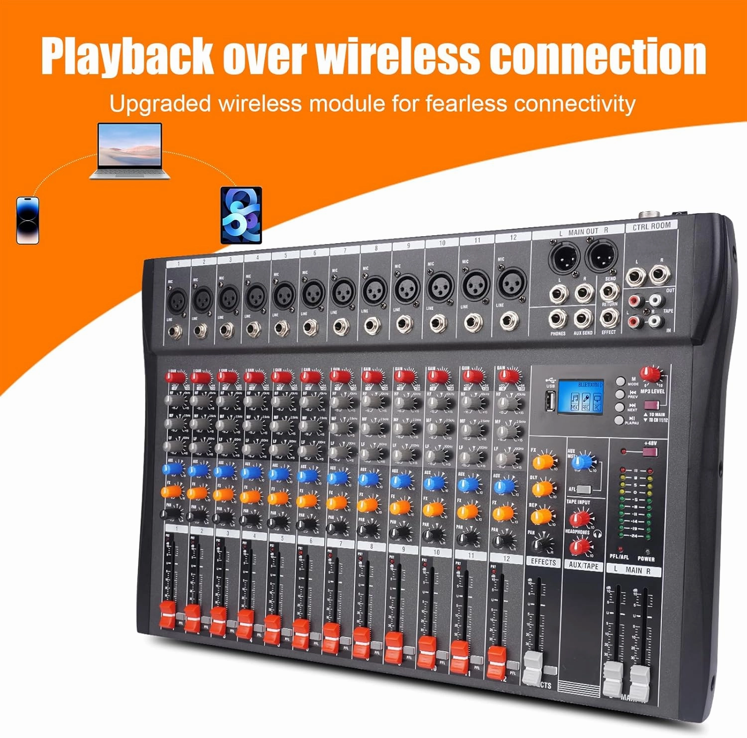 GX12 Professional Sound Board Console 12 Channel Mixer Interface Digital USB Bluetooth Computer MP3 Input 48V Phantom Power Stereo DJ Mixer for Live Events, Karaoke, Stage Performance (GX12)