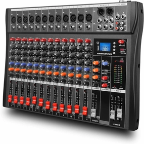 GX12 Professional Sound Board Console 12 Channel Mixer Interface Digital USB Bluetooth Computer MP3 Input 48V Phantom Power Stereo DJ Mixer for Live Events, Karaoke, Stage Performance (GX12) audio interface,USB interface,music recording input,
