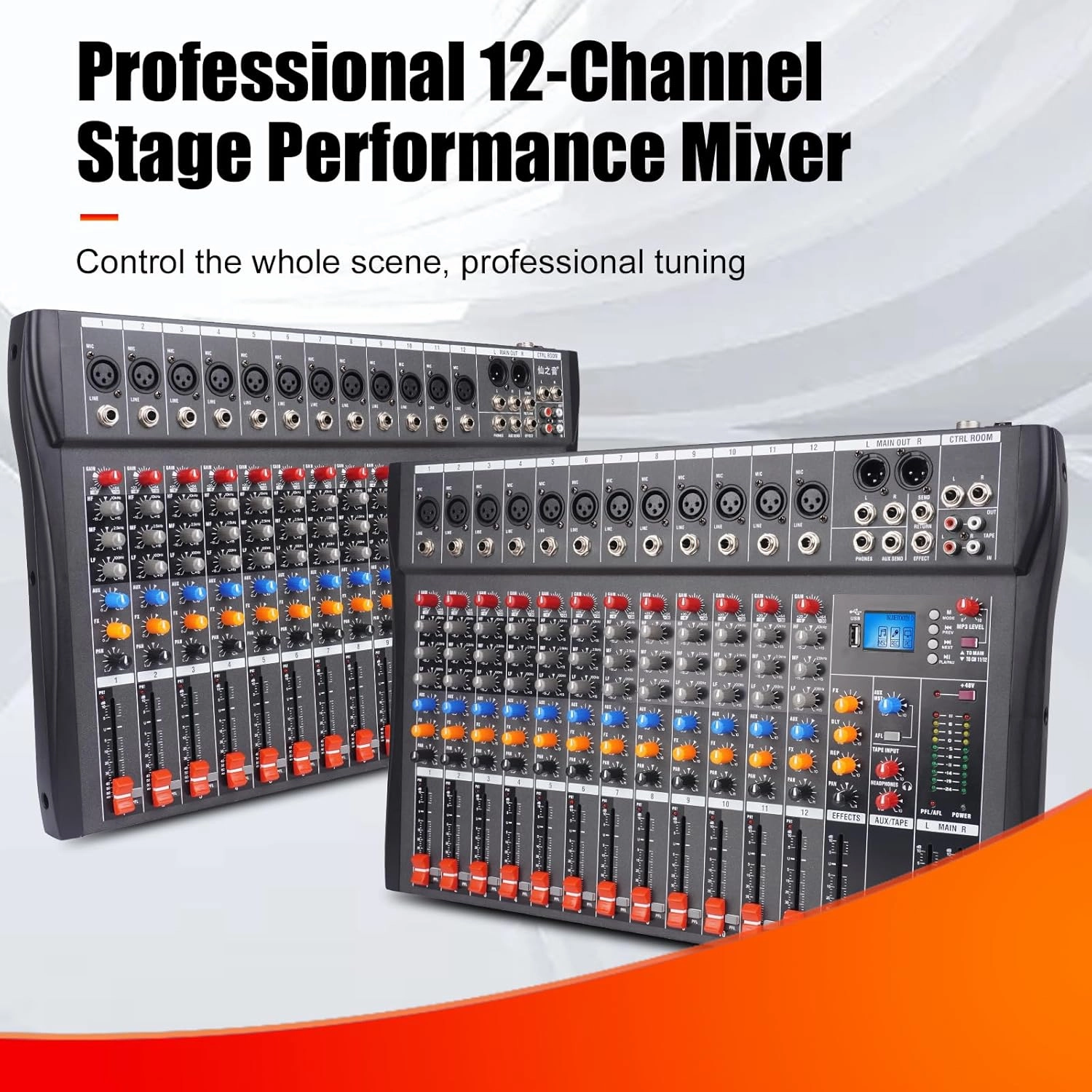 GX12 Professional Sound Board Console 12 Channel Mixer Interface Digital USB Bluetooth Computer MP3 Input 48V Phantom Power Stereo DJ Mixer for Live Events, Karaoke, Stage Performance (GX12)