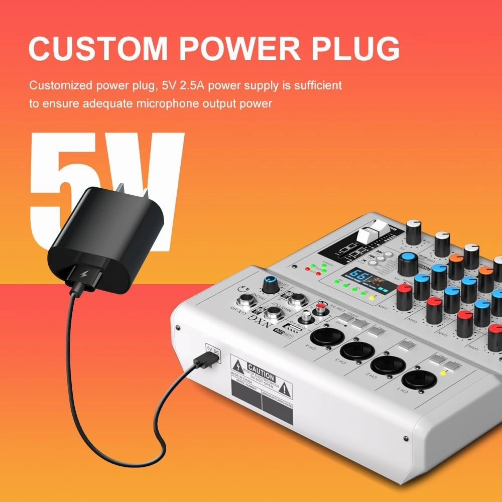 GX-06 White 6-Channel Portable Audio Mixer with 99 Sound Effects Portable Sound Mixer Console for PC with Bluetooth USB Recording Input for Live Streaming, Podcasting, Mixer DJ Programmes