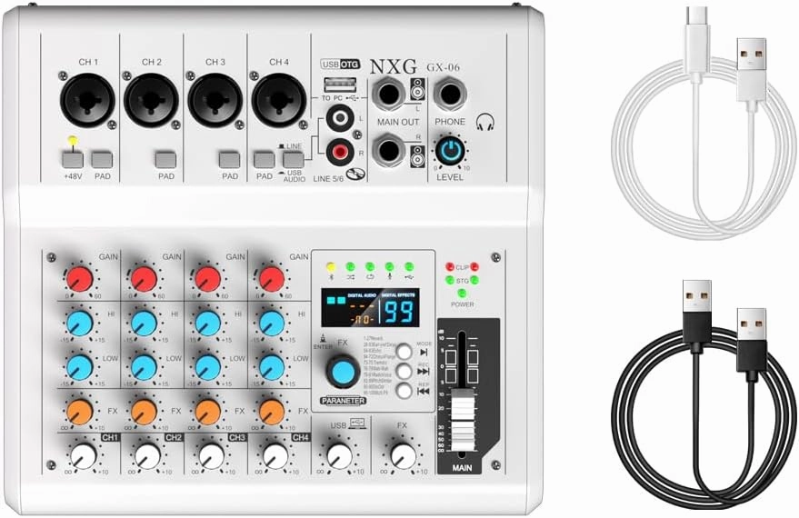 GX-06 White 6-Channel Portable Audio Mixer with 99 Sound Effects Portable Sound Mixer Console for PC with Bluetooth USB Recording Input for Live Streaming, Podcasting, Mixer DJ Programmes mixer console,audio mixing desk,DJ console,