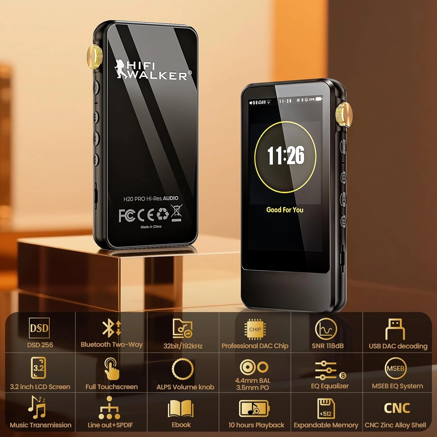 H20 Pro Hi-Res MP3 Player with Bluetooth, Dual DAC, 3.2" Touch Screen, DSD256/32bit 192kHz, aptX/LDAC, 3.5mm & 4.4mm Output, Portable Digital Audio Player with 128GB SD Card