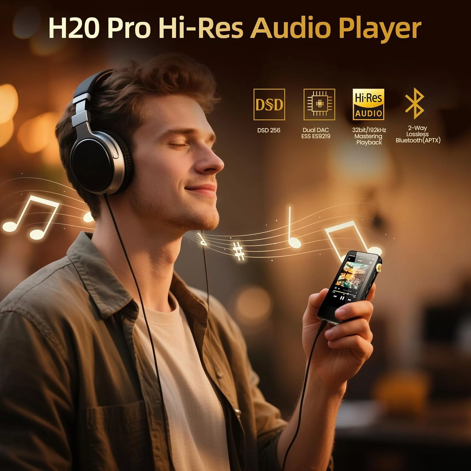 H20 Pro Hi-Res MP3 Player with Bluetooth, Dual DAC, 3.2" Touch Screen, DSD256/32bit 192kHz, aptX/LDAC, 3.5mm & 4.4mm Output, Portable Digital Audio Player with 128GB SD Card