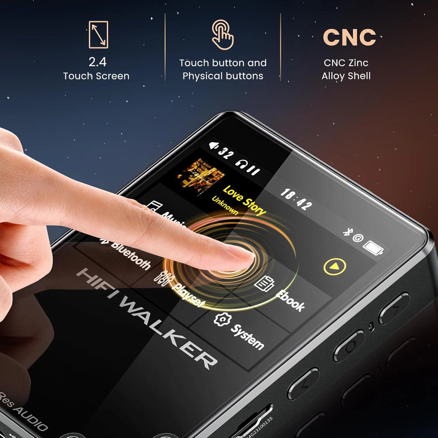 H2 Touch Hi-Res MP3 Player 128GB, Portable Music Players with 2.4" Touchscreen, Digital Lossless DAP Audio Flac Player ESS ES9218 DAC, Bluetooth 5.2 aptX HD, 512GB Expandable, Line Out, 10H Playback