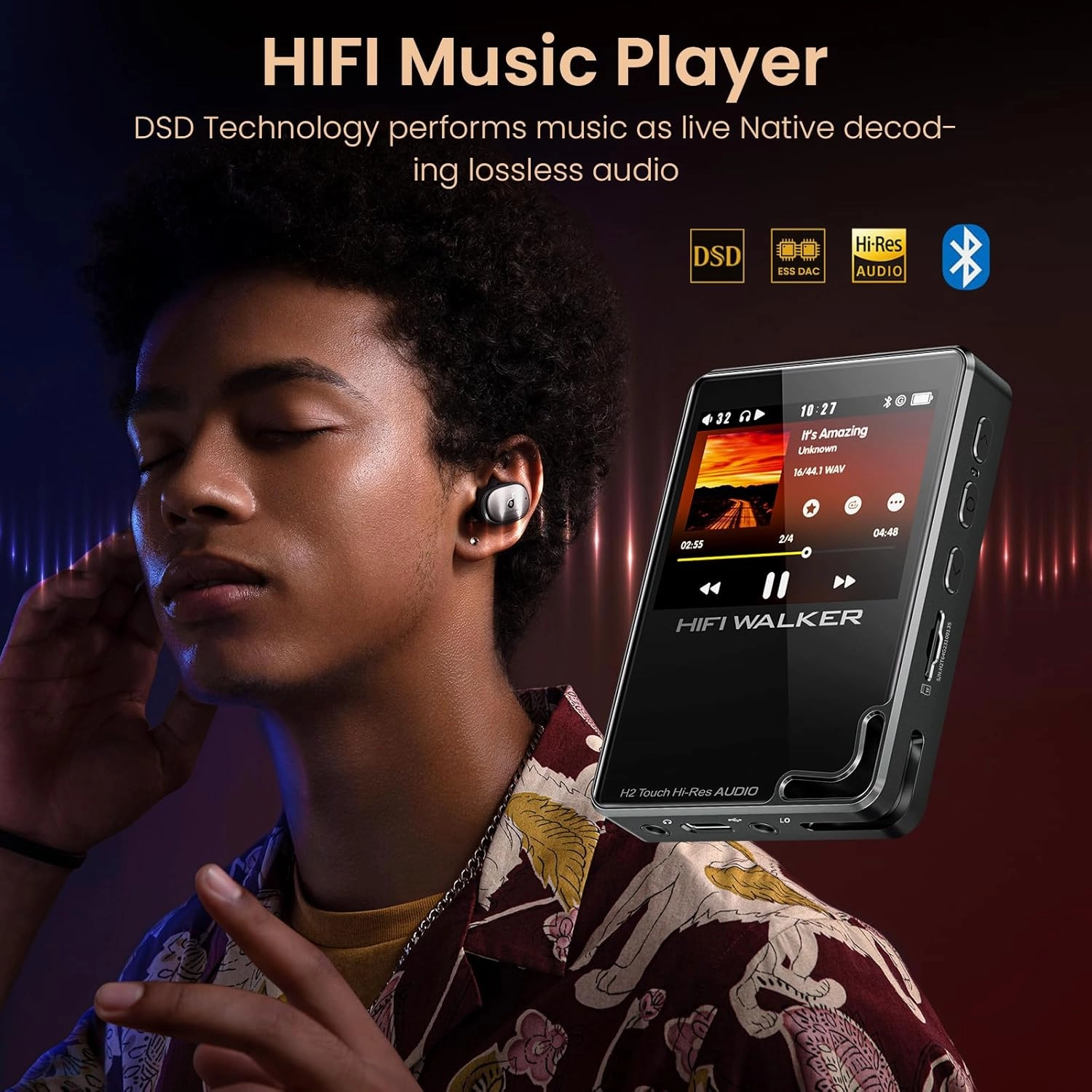 H2 Touch Hi-Res MP3 Player 128GB, Portable Music Players with 2.4" Touchscreen, Digital Lossless DAP Audio Flac Player ESS ES9218 DAC, Bluetooth 5.2 aptX HD, 512GB Expandable, Line Out, 10H Playback