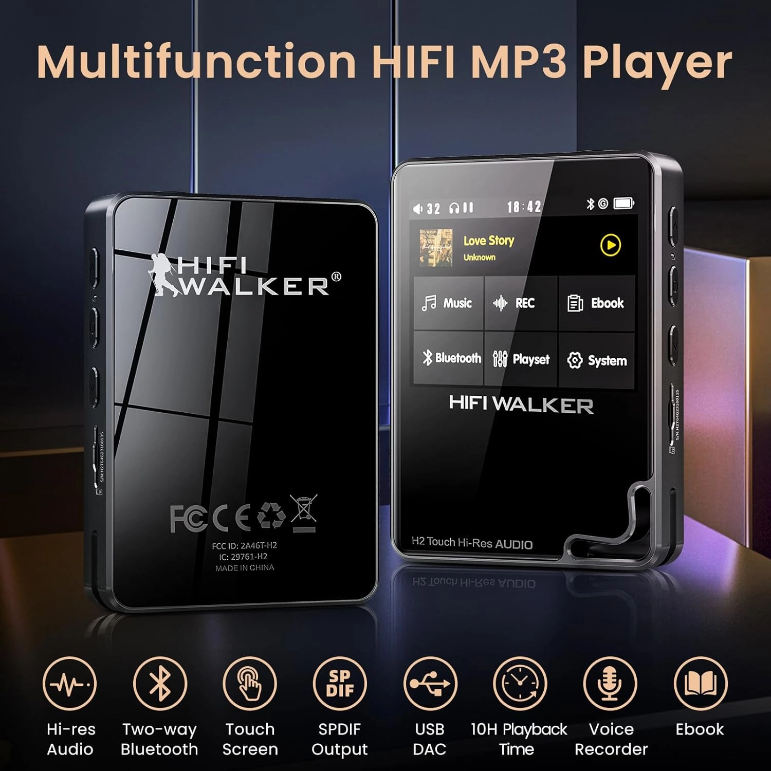 H2 Touch Hi-Res MP3 Player 128GB, Portable Music Players with 2.4" Touchscreen, Digital Lossless DAP Audio Flac Player ESS ES9218 DAC, Bluetooth 5.2 aptX HD, 512GB Expandable, Line Out, 10H Playback