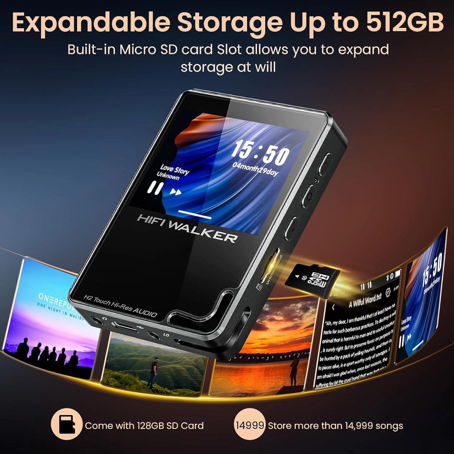 H2 Touch Hi-Res MP3 Player 128GB, Portable Music Players with 2.4" Touchscreen, Digital Lossless DAP Audio Flac Player ESS ES9218 DAC, Bluetooth 5.2 aptX HD, 512GB Expandable, Line Out, 10H Playback