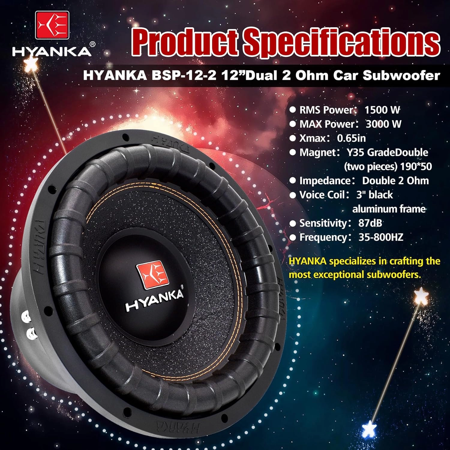 H YANKA BSP-12-2 12 Inch Subwoofer  3000W Max Power, 1500W RMS, 3" Dual Voice Coil, 2 Ohm, Car Audio Subwoofer, Black Aluminum Basket, Paper Cone, Deep Bass for Cars