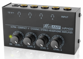 HA400 Headphone Amplifier -4 Channel Metal Stereo Audio Amplifier, Mini Earphone Audio Amplifier with 12V 1A Power Adapter, 1/4" TRS Headphones Output and TRS Audio Input for PC Guitar Studio Stage headphone amplifier,portable amp,desktop headphone am