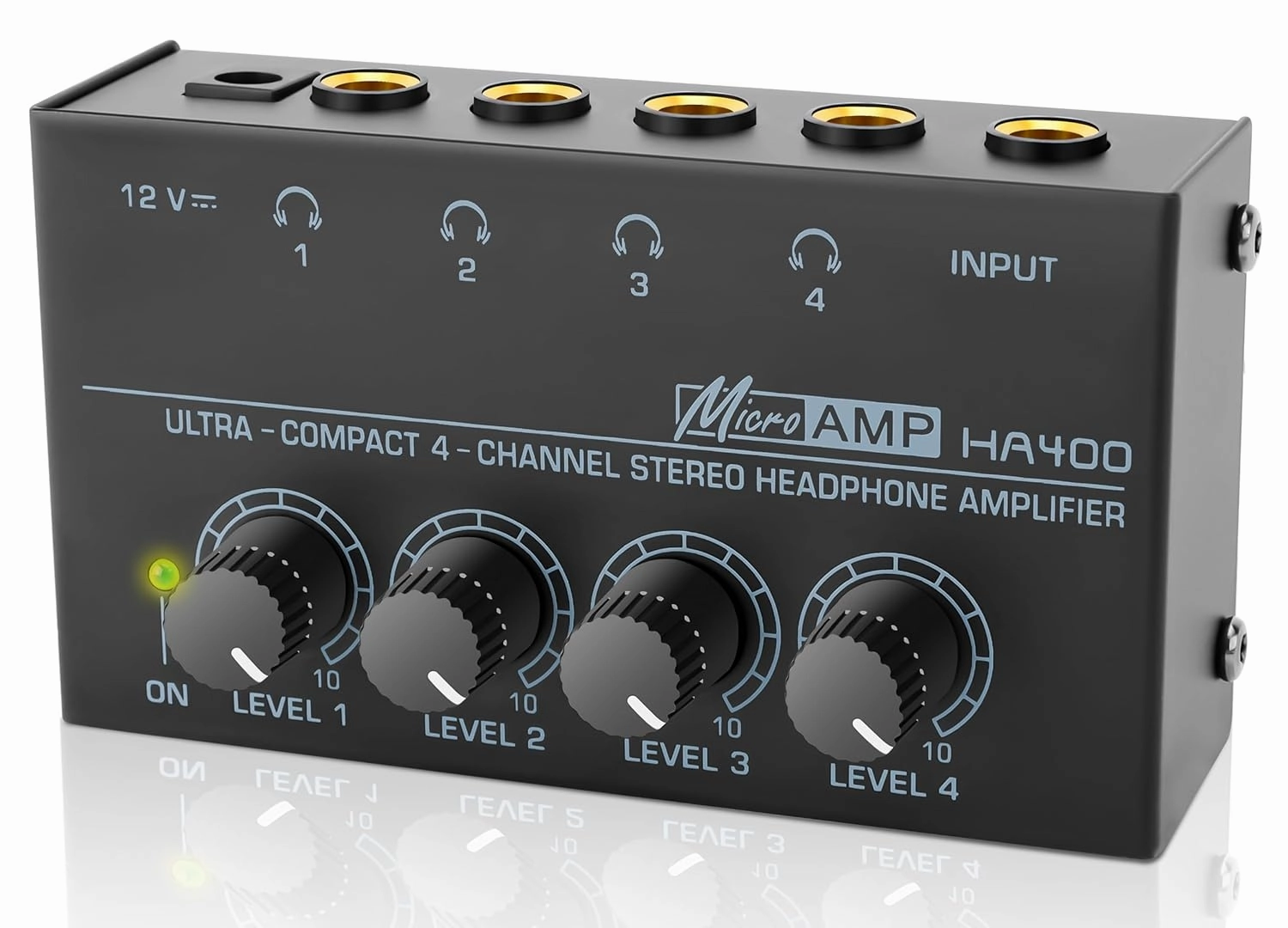 HA400 Headphone Amplifier -4 Channel Metal Stereo Audio Amplifier, Mini Earphone Audio Amplifier with 12V 1A Power Adapter, 1/4" TRS Headphones Output and TRS Audio Input for PC Guitar Studio Stage headphone amplifier,portable amp,desktop headphone am