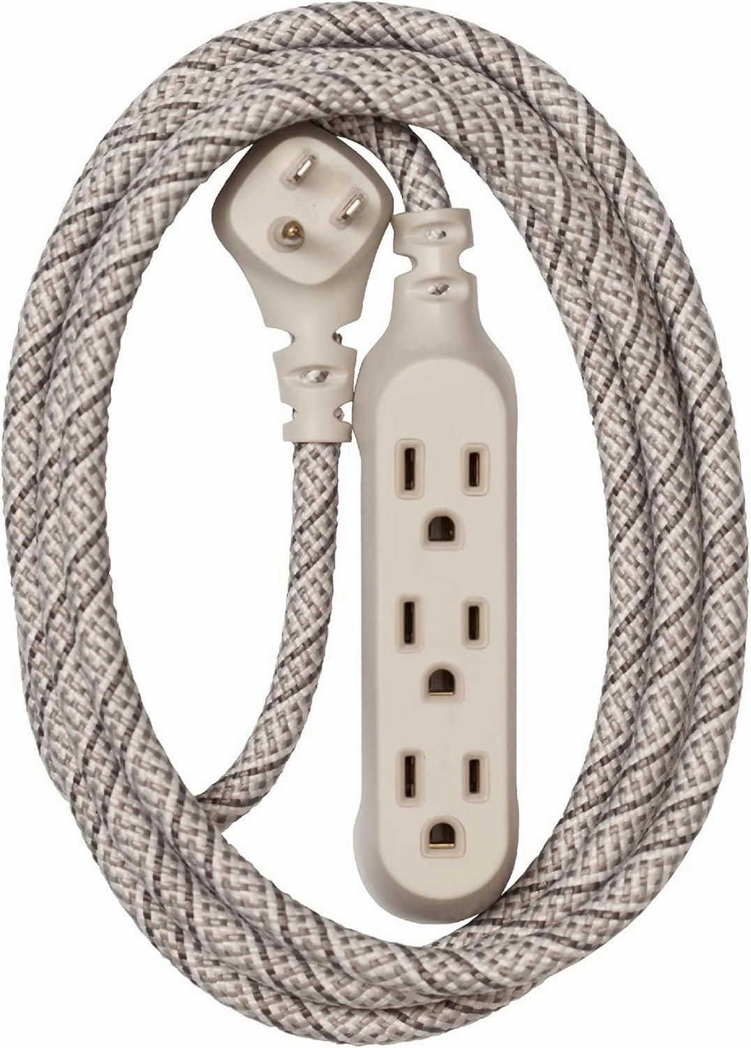 Habitat 8ft Braided Extension Cord, 3 Outlet Adapter, French Gray, Low Profile Power Strip power cord,hi-fi power cable,AC power lead,