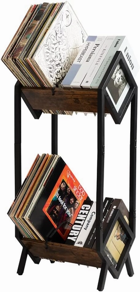 Hadulcet Vinyl Record Holder, LP Storage Shelf, Record Storage Rack for Albums, Magazine Display, Book and Files Organizer, 2 Tier Vinyl Record Stand with 2 Dividers, Rustic Brown vinyl storage,record holder,LP organizer,