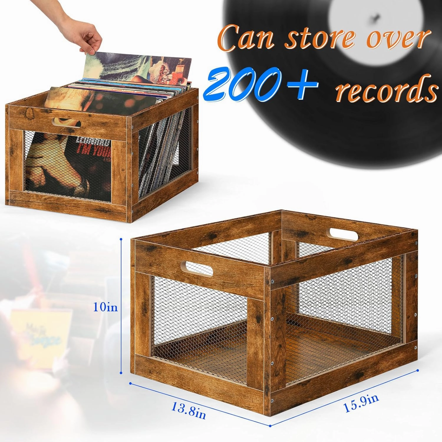 HAITRAL Vinyl Record Storage Crate,Wooden Record Holder,Multifunctional Storage Crate with Handle,for Storing Books,Snacks,Toys,Magazines at Home - 2Pack