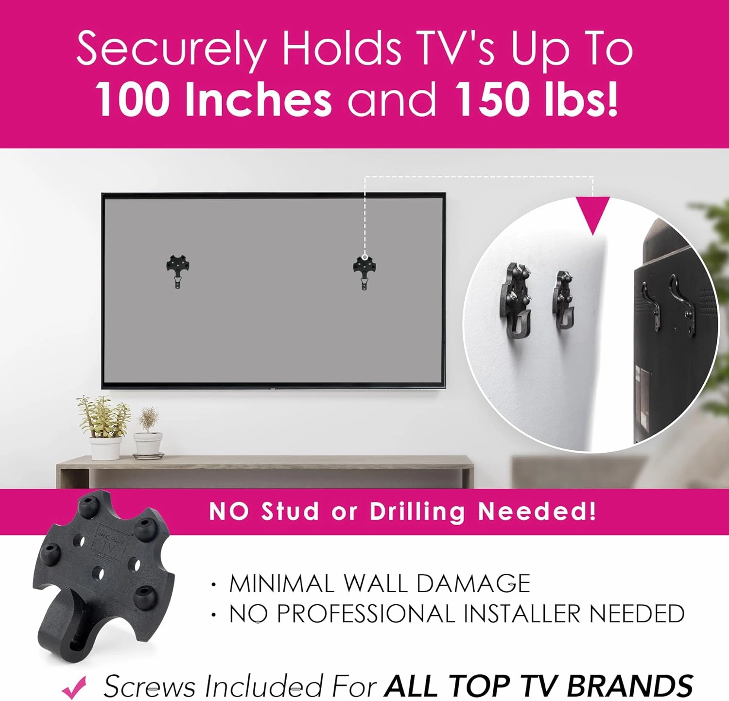 HangSmart TV Wall Mount NO Stud - Original & Patented Easy Install, DIY for 19-100" TVs, Holds Up to 150LBS, Fits Most LED LCD Flat Screens & Monitors, Includes Hardware