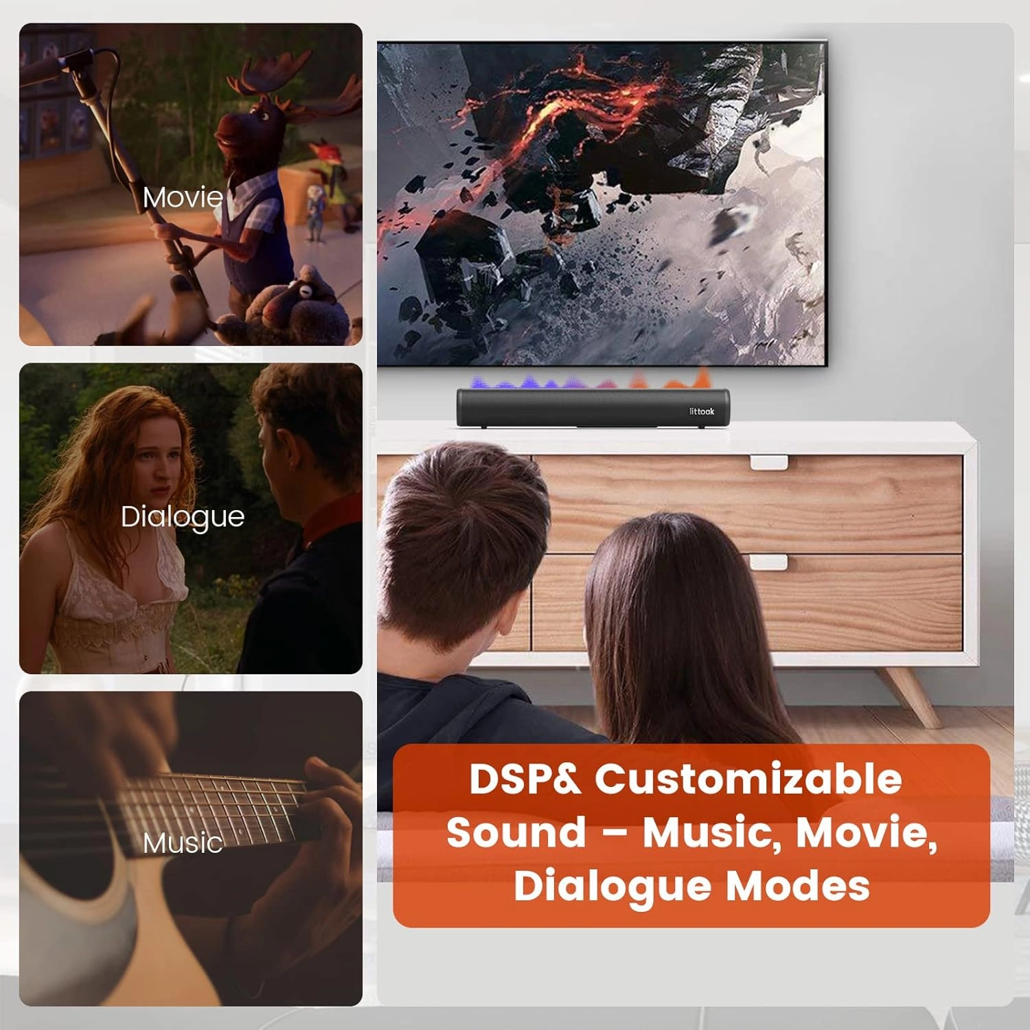 HDMI Sound Bar for TV, Bluetooth Small TV Soundbar Speaker, Optical/HDMI/Aux/Coax/USB/Bluetooth Connection for TV, PC, Projectors, Includes Remote Control, 16 inch