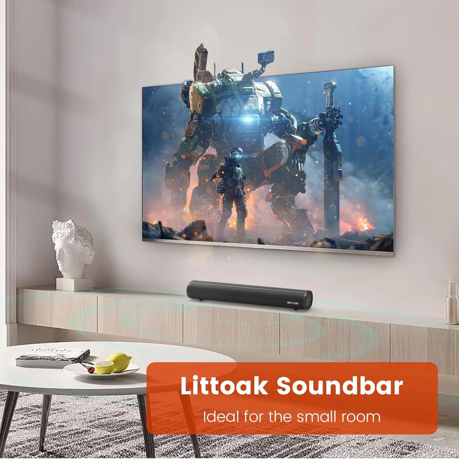 HDMI Sound Bar for TV, Bluetooth Small TV Soundbar Speaker, Optical/HDMI/Aux/Coax/USB/Bluetooth Connection for TV, PC, Projectors, Includes Remote Control, 16 inch