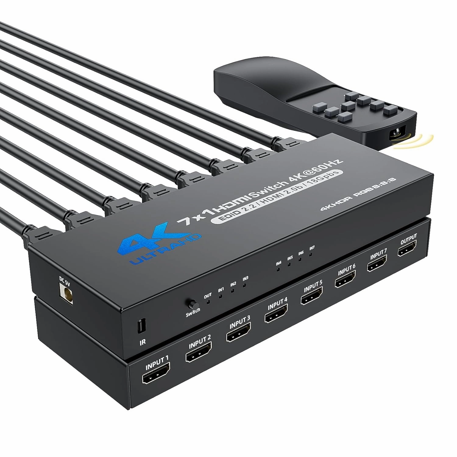 HDMI Switch 7 in 1 Out 4K@60Hz, BolAAzuL HDMI to HDMI Port Expander HDMI Hub Video Switcher Selector with Remote, Support 3D, HDCP2.2, HDR for PS5, Xbox Series X, HDTV, PC - w/Power Supply smart audio hub,voice control speaker,Alexa compatible audio,