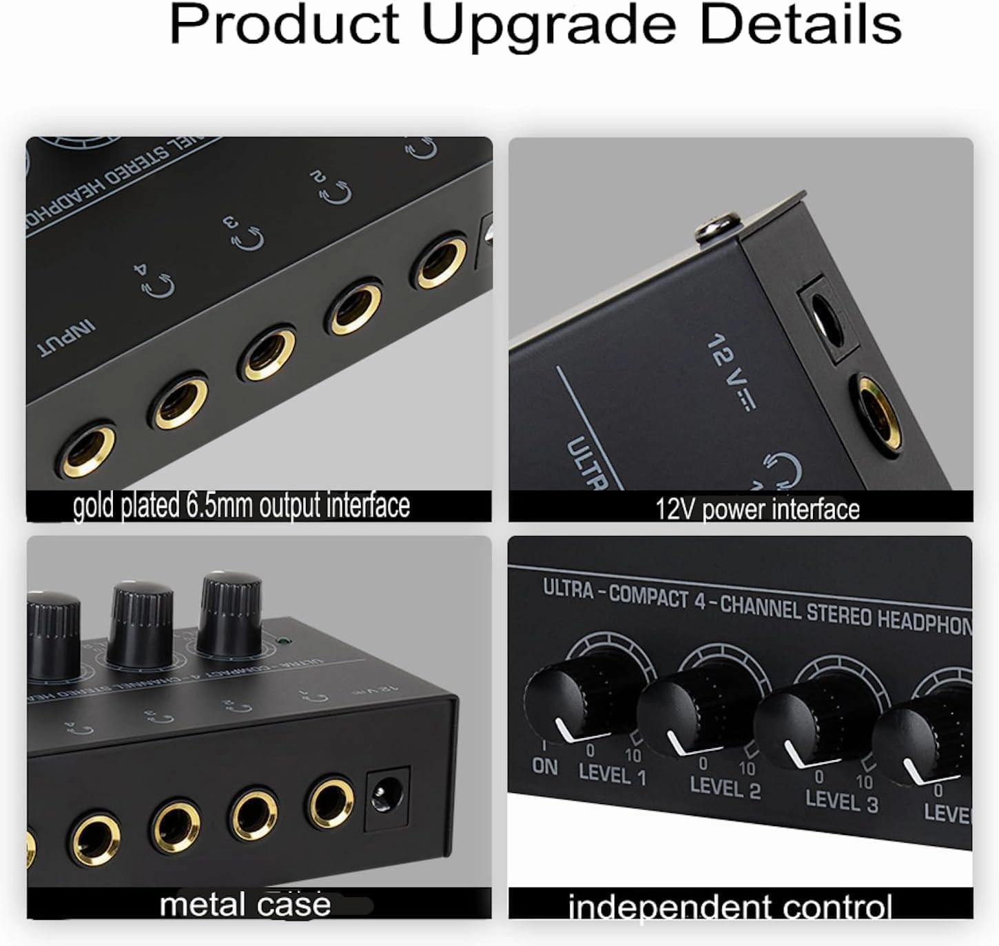Headphone Amplifier, HA400 4-Channel Metal Stereo Audio Amplifier, Mini Earphone Splitter with DC 12V Power Adapter, HA400d1 for Sound Mixer PC Guitar Studio Stage