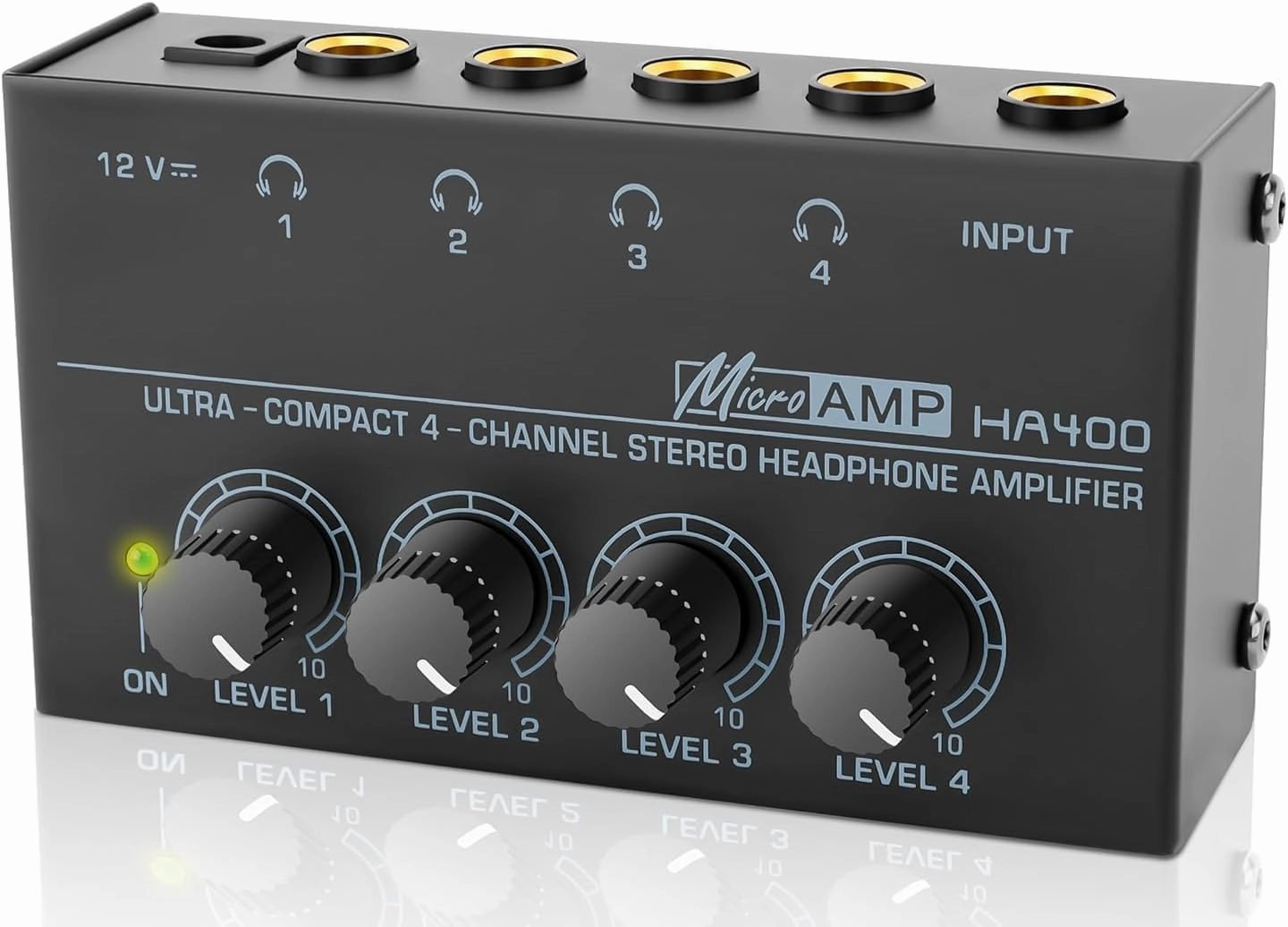 Headphone Amplifier, HA400 4-Channel Metal Stereo Audio Amplifier, Mini Earphone Splitter with DC 12V Power Adapter, HA400d1 for Sound Mixer PC Guitar Studio Stage