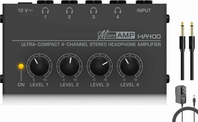 Headphone Amplifier with Audio Cable, HA400 4-Channel Metal Stereo Audio Amplifier, Mini Earphone Splitter W/ 1/4" TRS & DC 12V Power Adapter, for Sound Mixer PC Guitar Studio Stage (Black) headphone amplifier,portable amp,desktop headphone amp,