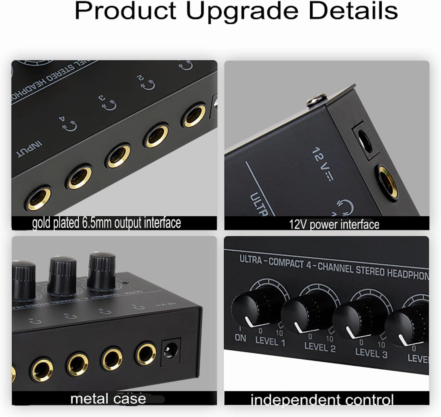 Headphone Amplifier with Audio Cable, HA400 4-Channel Metal Stereo Audio Amplifier, Mini Earphone Splitter W/ 1/4" TRS & DC 12V Power Adapter, for Sound Mixer PC Guitar Studio Stage (Black)