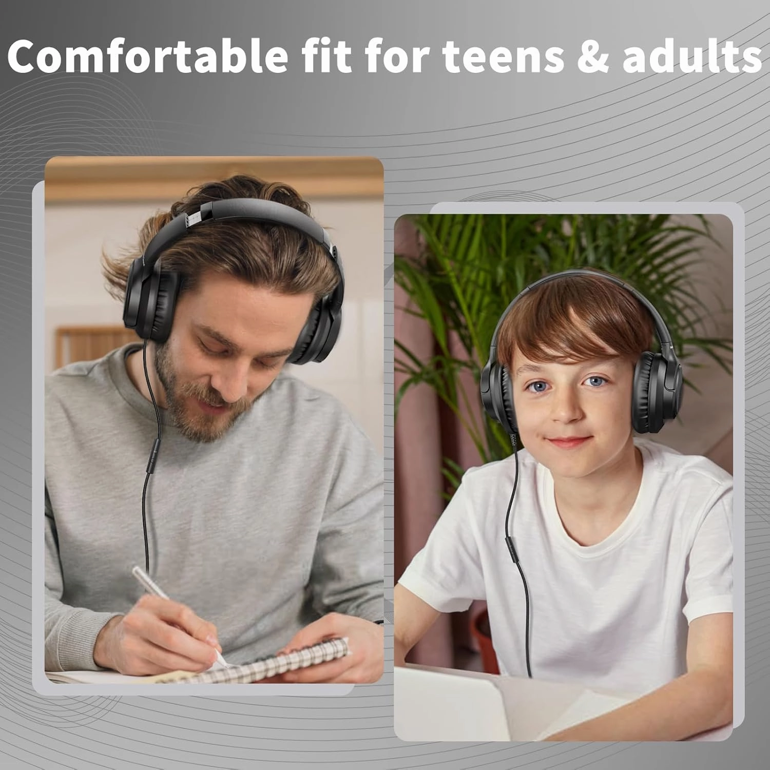 Headphones Wired with Microphone, Over Ear Foldable 3.5mm Plug in Headphones with 4.9ft Tangle-Free Nylon Cord for Tablet, Laptop, MP3/4, Airplane Travel (Black)