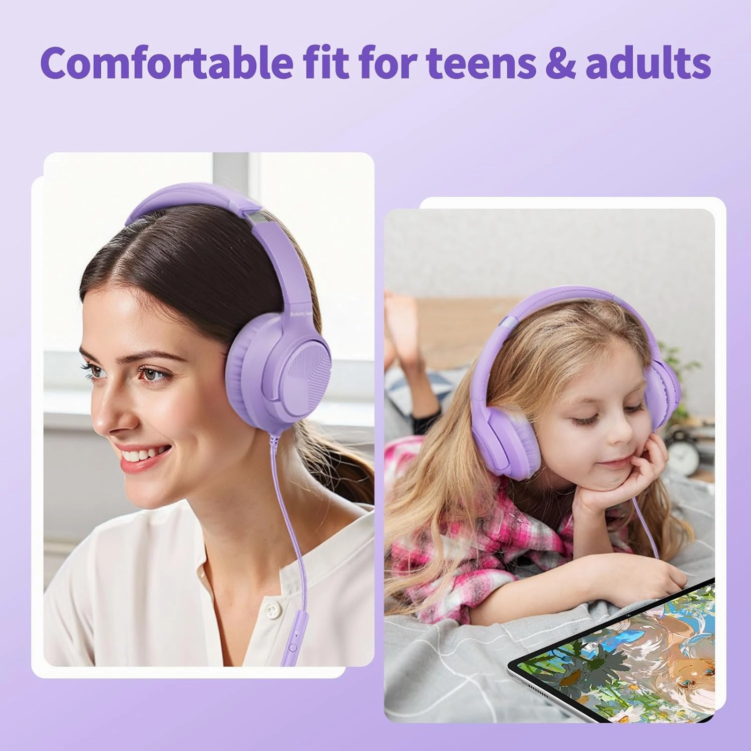 Headphones Wired with Microphone, Over Ear Foldable 3.5mm Plug in Headphones with 4.9ft Tangle-Free Nylon Cord for Tablet, Laptop, MP3/4, Airplane Travel (Purple)