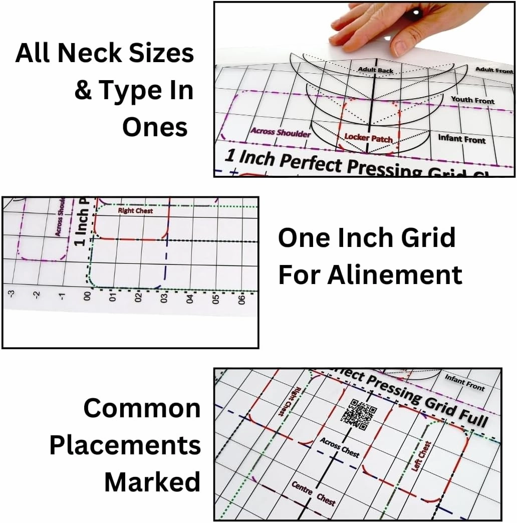 Heat Press Safe Tshirt Pressing Guide for Vinyl Alignment & Accurate Placement on Neck & Chest. All-in-one t Shirt Ruler Guide for Heat Press Vinyl Graphics or an Embroidery Placement Guide