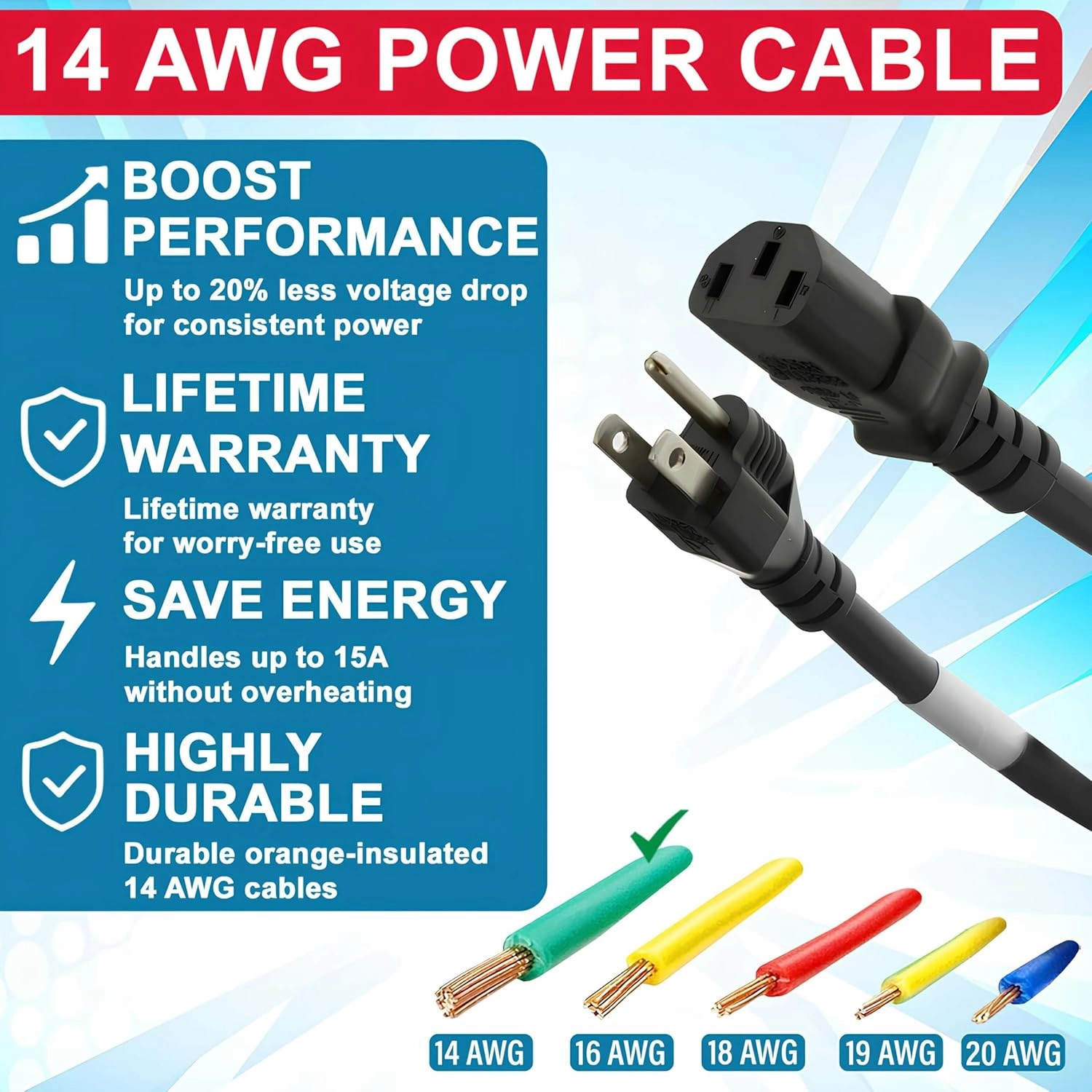 Heavy Duty AC Power Cord 6ft (1.8m) - 3 Prong Replacement Power Cord, 15A/125V,14 AWG, NEMA 5-15P to IEC-60320-C13-3 Conductor AC Cable for PC, Monitor, and Workstation Devices