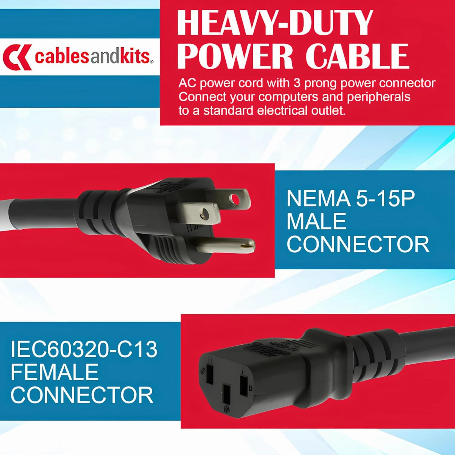 Heavy Duty AC Power Cord 6ft (1.8m) - 3 Prong Replacement Power Cord, 15A/125V,14 AWG, NEMA 5-15P to IEC-60320-C13-3 Conductor AC Cable for PC, Monitor, and Workstation Devices