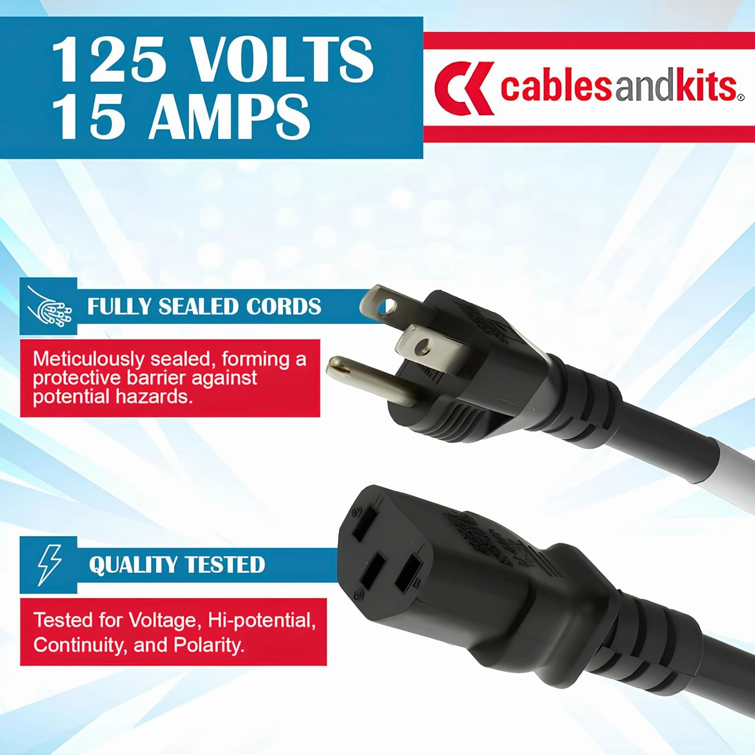 Heavy Duty AC Power Cord 6ft (1.8m) - 3 Prong Replacement Power Cord, 15A/125V,14 AWG, NEMA 5-15P to IEC-60320-C13-3 Conductor AC Cable for PC, Monitor, and Workstation Devices