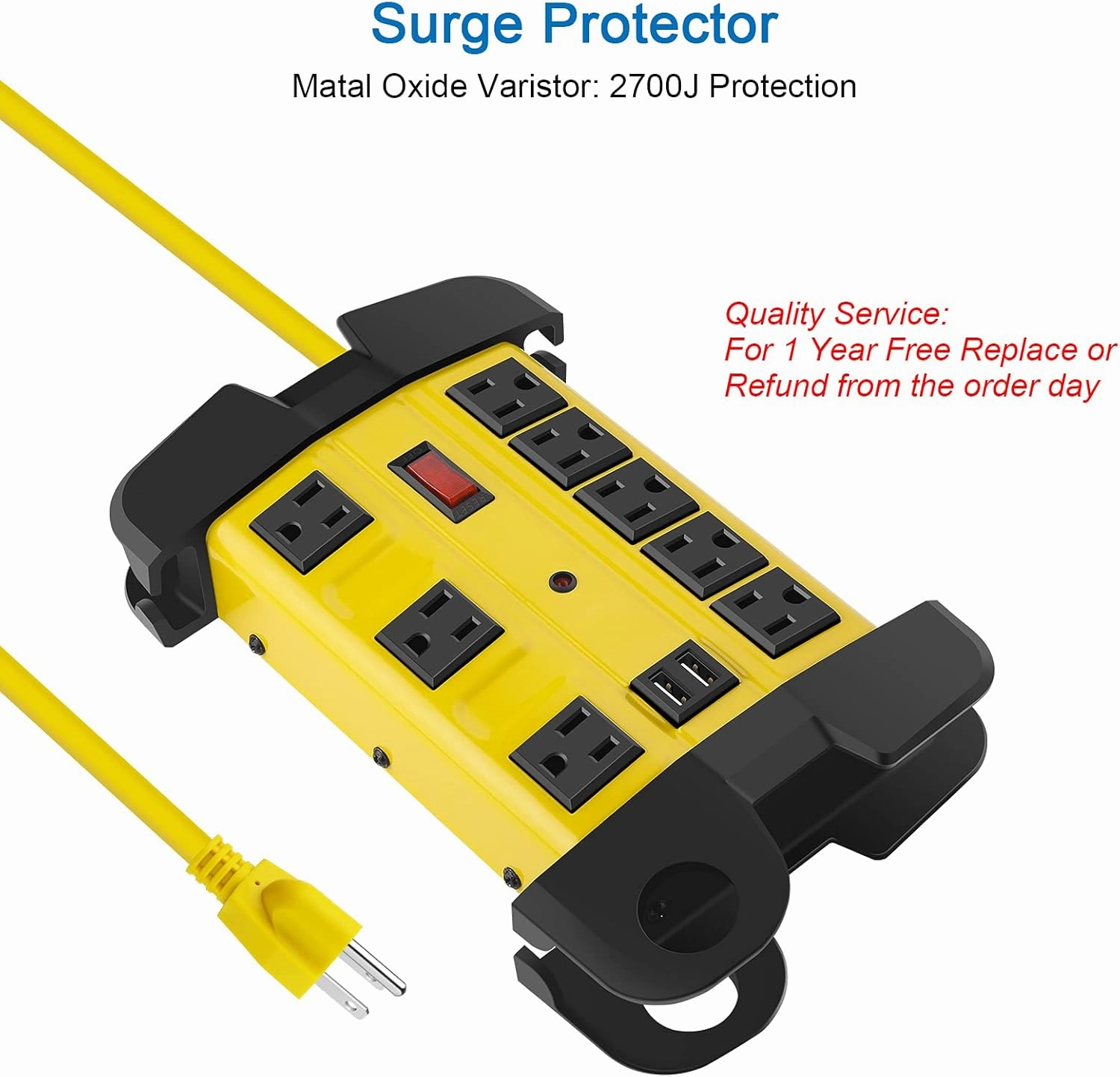 Heavy Duty Power Strip with USB, Workshop 8 Outlet Surge Protector 2700 Joules, Industrial Metal 15Amp Power Strip, 6FT Extension Cord and Wide Spaced. Yellow