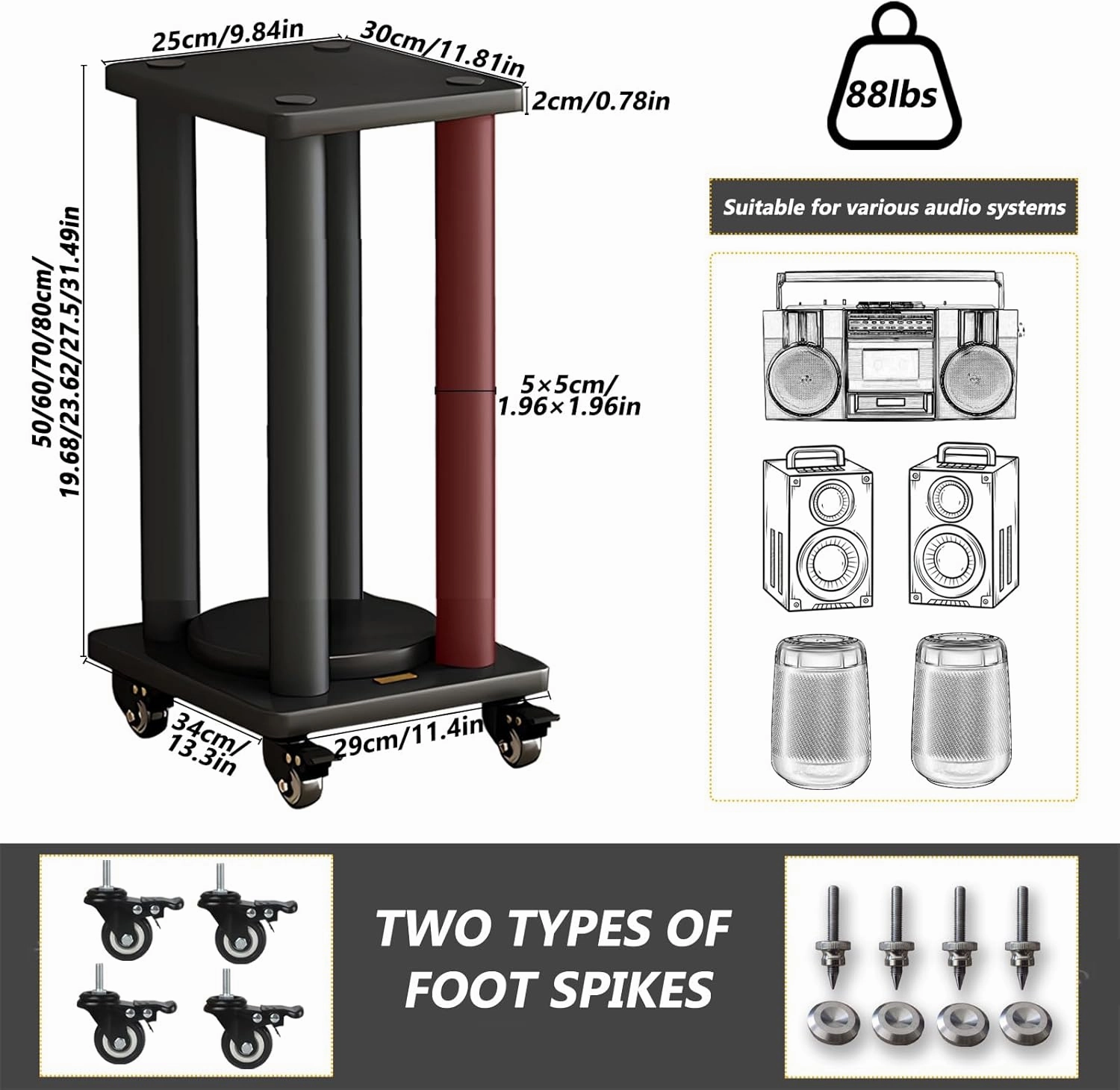 Heavy Duty Speaker Stand, speaker floor stand Each Holds 88lbs Large Speaker, Vibration-Absorbing MDF Design, speaker stands with feet and universal wheels, Can be moved and rotated 360 (80cm/31.4in)