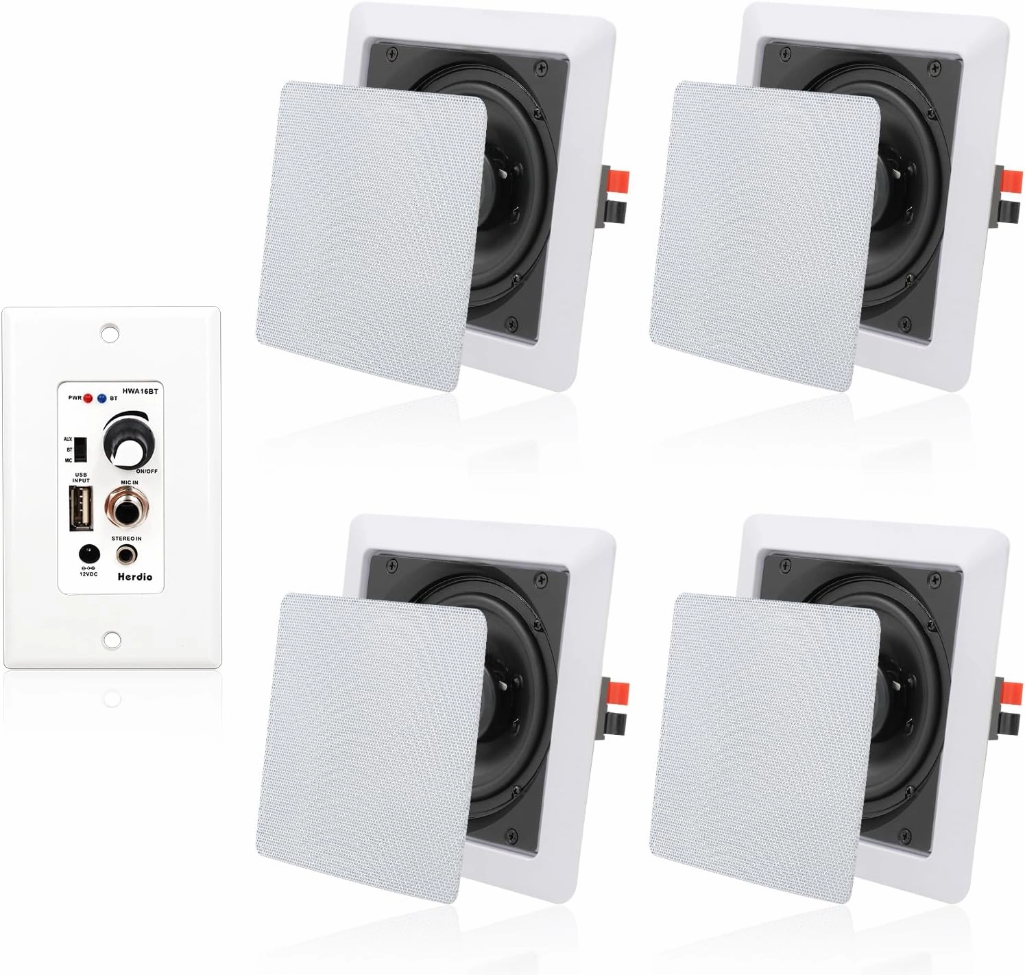 Herdio 5.25 Inches 2-Way Bluetooth Ceiling Speakers with 4 Channel Wall Amplifier, 320W Square in Wall Speaker System for Home Theater Office Kitchen, 2 Pairs soundbar,TV speaker bar,home theater soundbar,