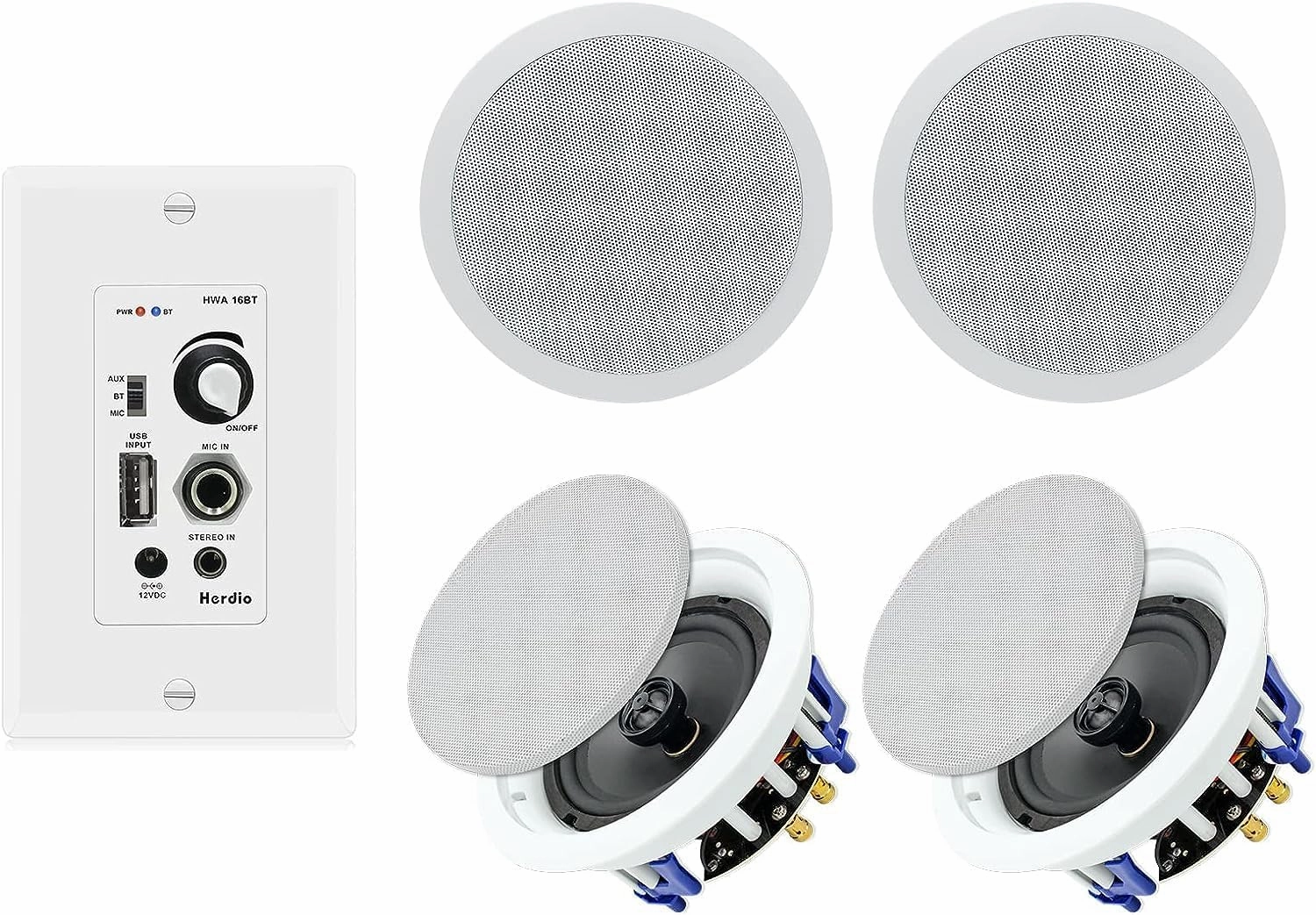 Herdio Home Audio Package in Wall Bluetooth Amplifier Volume Control Receiver Wall Plate with 6.5 Inch 640W Ceiling Speakers(2 Pairs) soundbar,TV speaker bar,home theater soundbar,