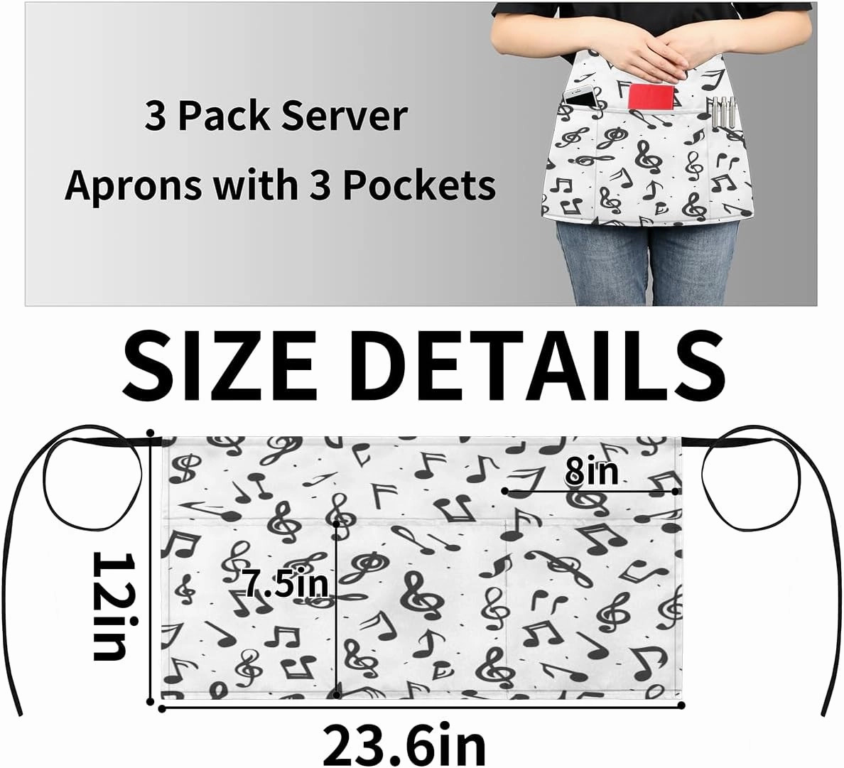 Hexteria Server Aprons with 3 Pockets Short Half Apron Waiter Waitress Kitchen Cooking Restaurant Waist Apron