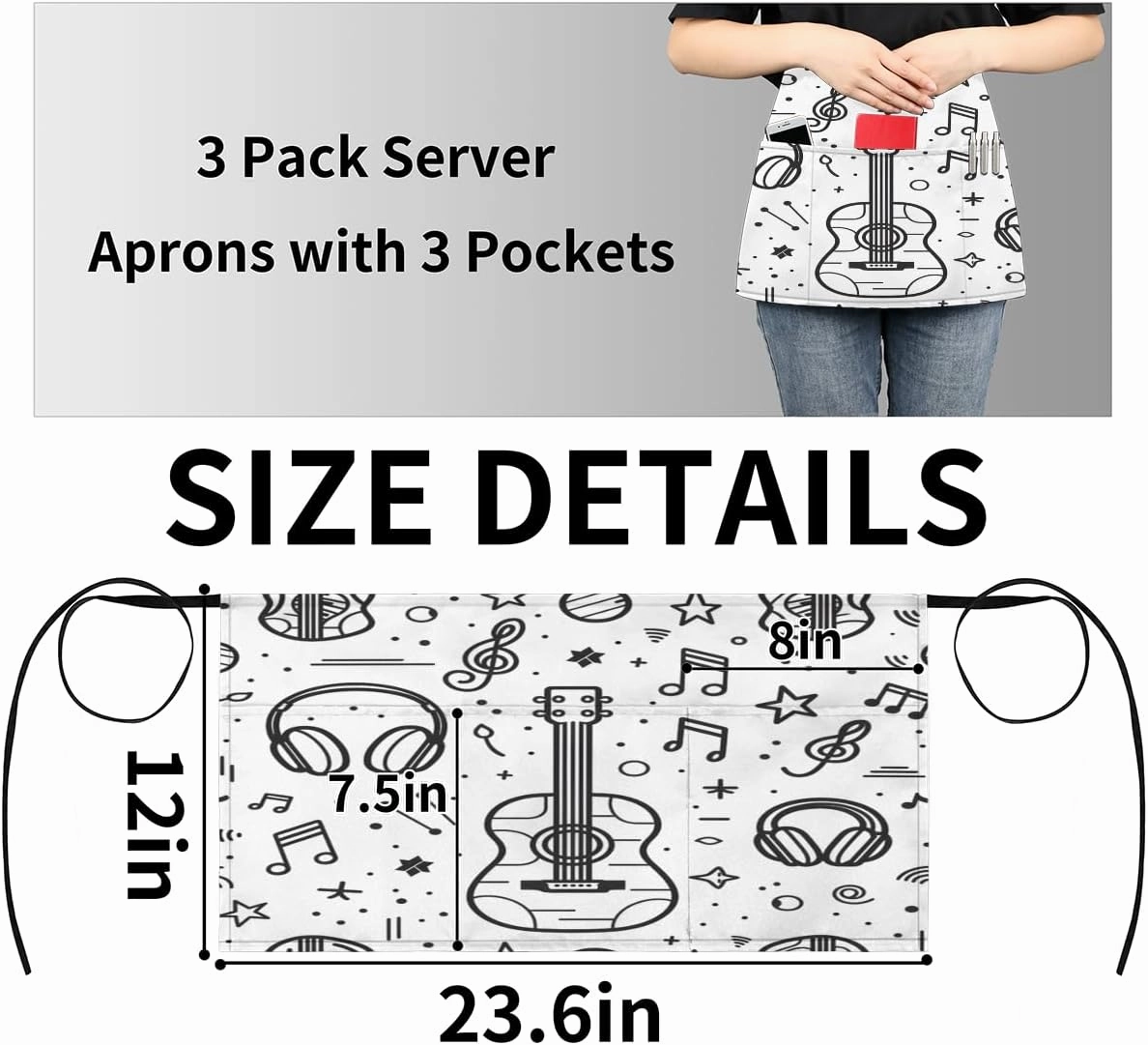 Hexteria Server Aprons with 3 Pockets Short Half Apron Waiter Waitress Kitchen Cooking Restaurant Waist Apron