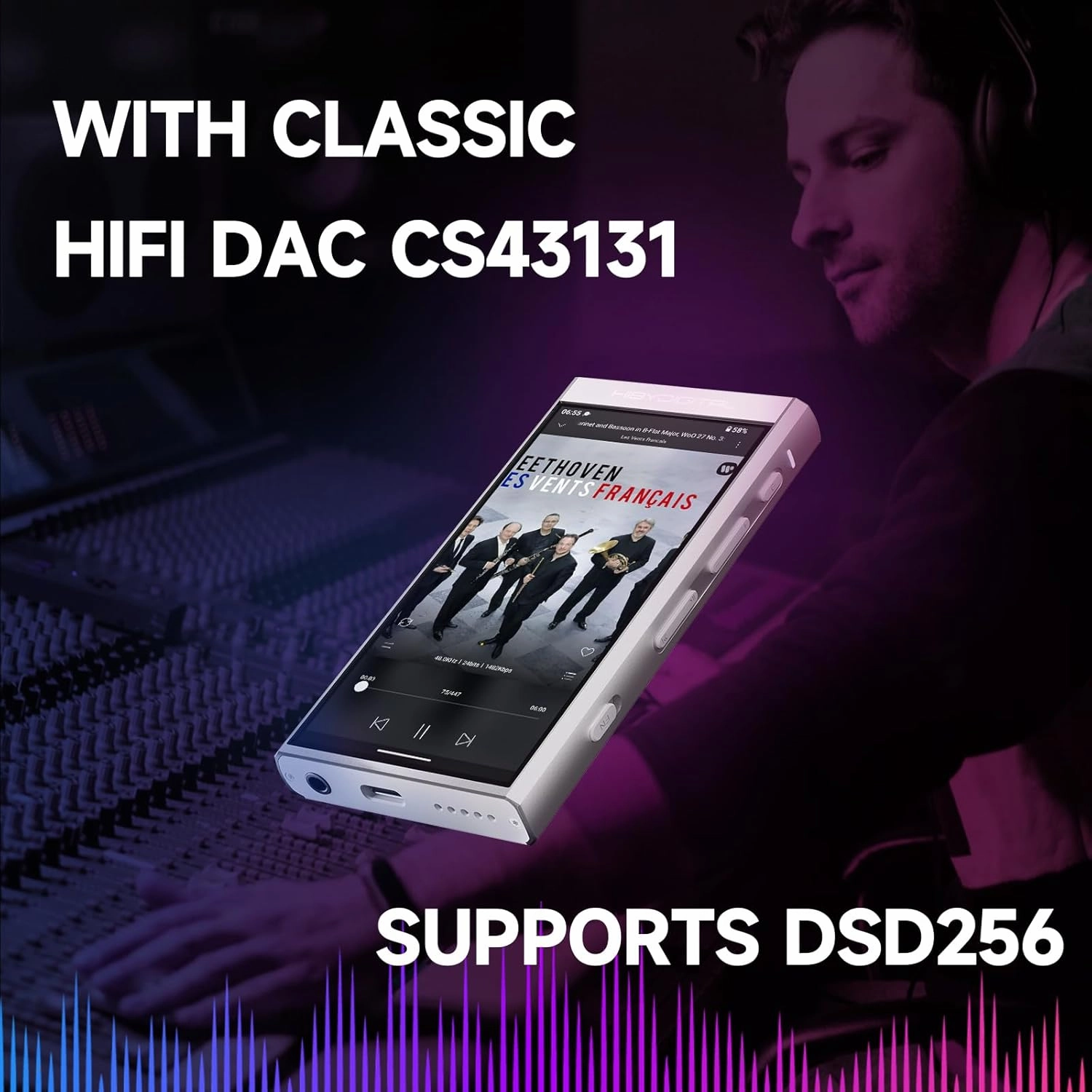 HiBy Digital M300 Music Player with Speaker Android 13 OS SD665 Soc Bluetooth WiFi and FM 1280x640 Resolution IPS Display Supports PCM768k DSD256 32G 2TB Expandable Memory Silver