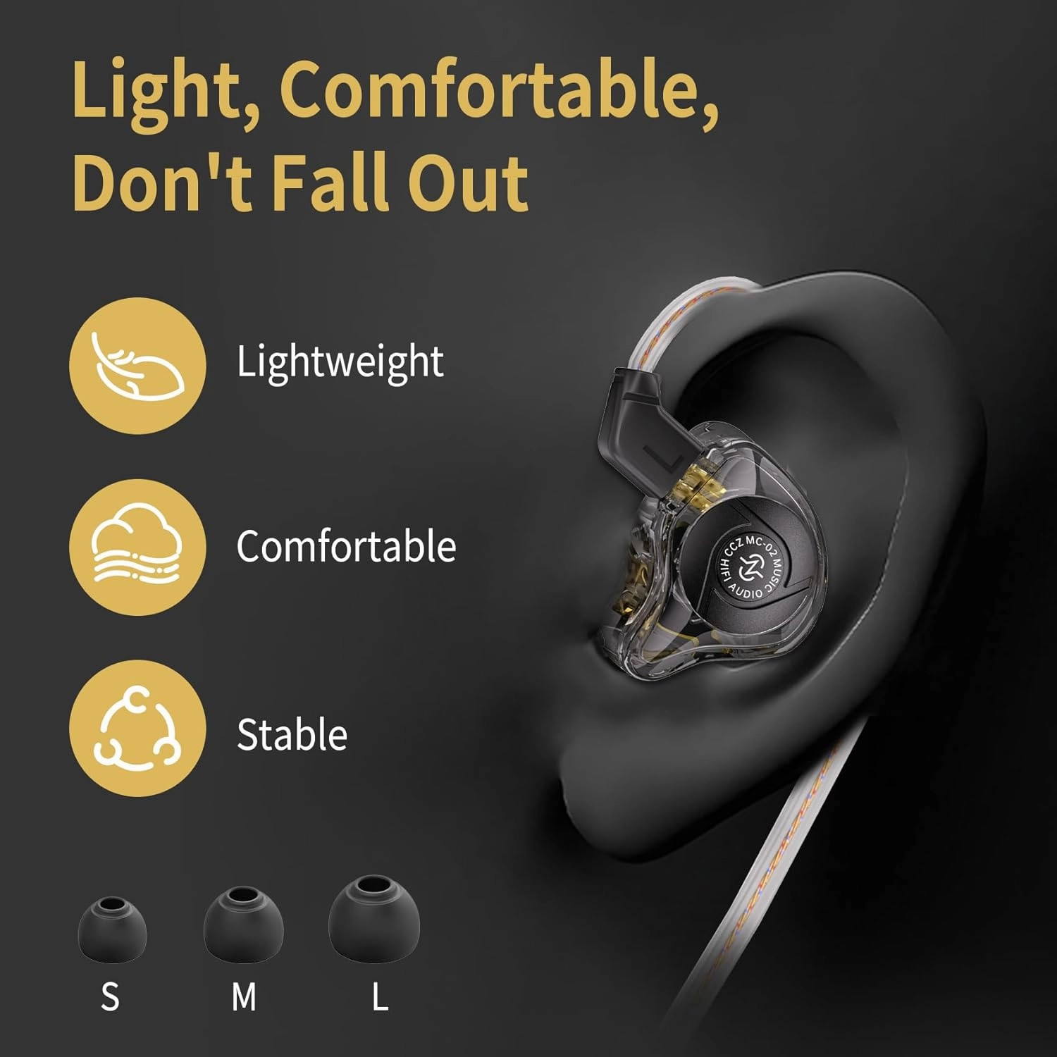 HiFi Gaming Earbuds, CCZ MC02 in Ear Monitor Headphone, Clear Sound Wired Earbuds, 10mm 1DD in Ear Headphone with Patented Earbuds Tips, Ear Fins, IEM for Gaming Music Video Calling(Dark, Without mic)