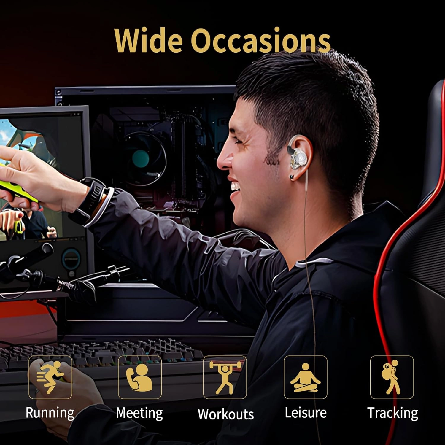 HiFi Gaming Earbuds, CCZ MC02 in Ear Monitor Headphone, Clear Sound Wired Earbuds, 10mm 1DD in Ear Headphone with Patented Earbuds Tips, Ear Fins, IEM for Gaming Music Video Calling(Dark, Without mic)