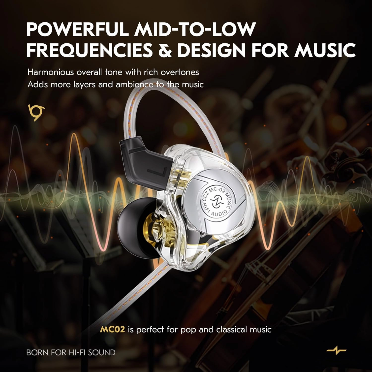 HiFi Gaming Earbuds, CCZ MC02 in Ear Monitor Headphone, Clear Sound Wired Earbuds, 10mm 1DD in Ear Headphone with Patented Earbuds Tips, Ear Fins, IEM for Gaming Music Video Calling(Dark, Without mic)