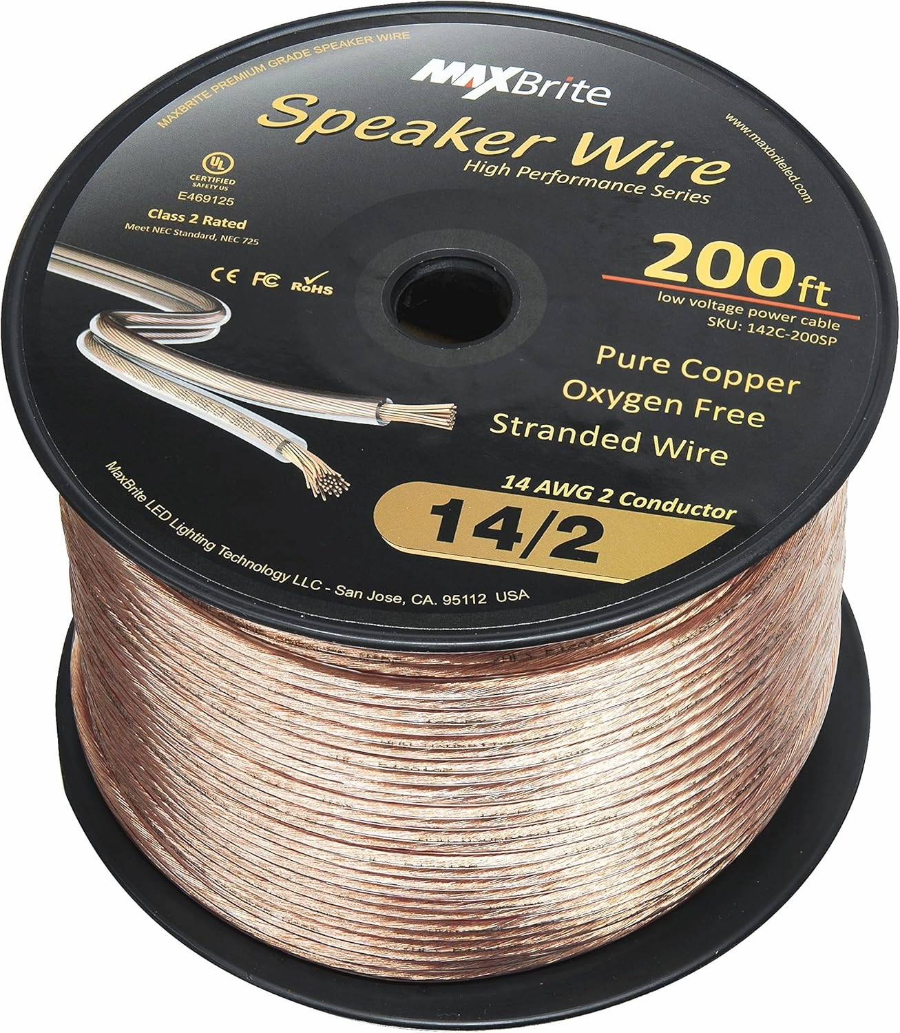 High Performance 14 Gauge Speaker Wire, Oxygen Free Pure Copper - UL Listed Class 2 (200 Feet Spool)